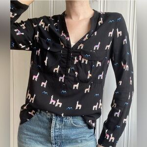 Maeve Black Button-Down Blouse with Pink & White Llama Print
